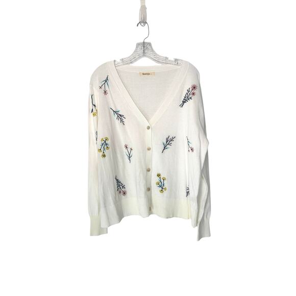 Woolovers Cardigan White Cable Knit Button Up Floral Print Embroidered Large - Picture 1 of 12